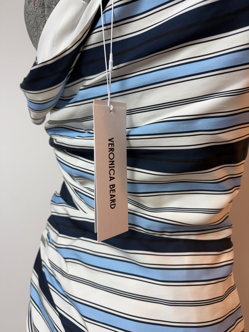 Veronica Beard One-Shoulder Striped Ruched Midi Dress — Navy, White & Cream - Picture 4 of 7